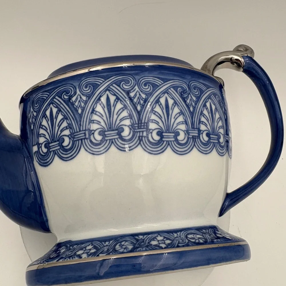 Bombay Blue White Silver Trim‎ Ceramic Teapot Decorative VTG